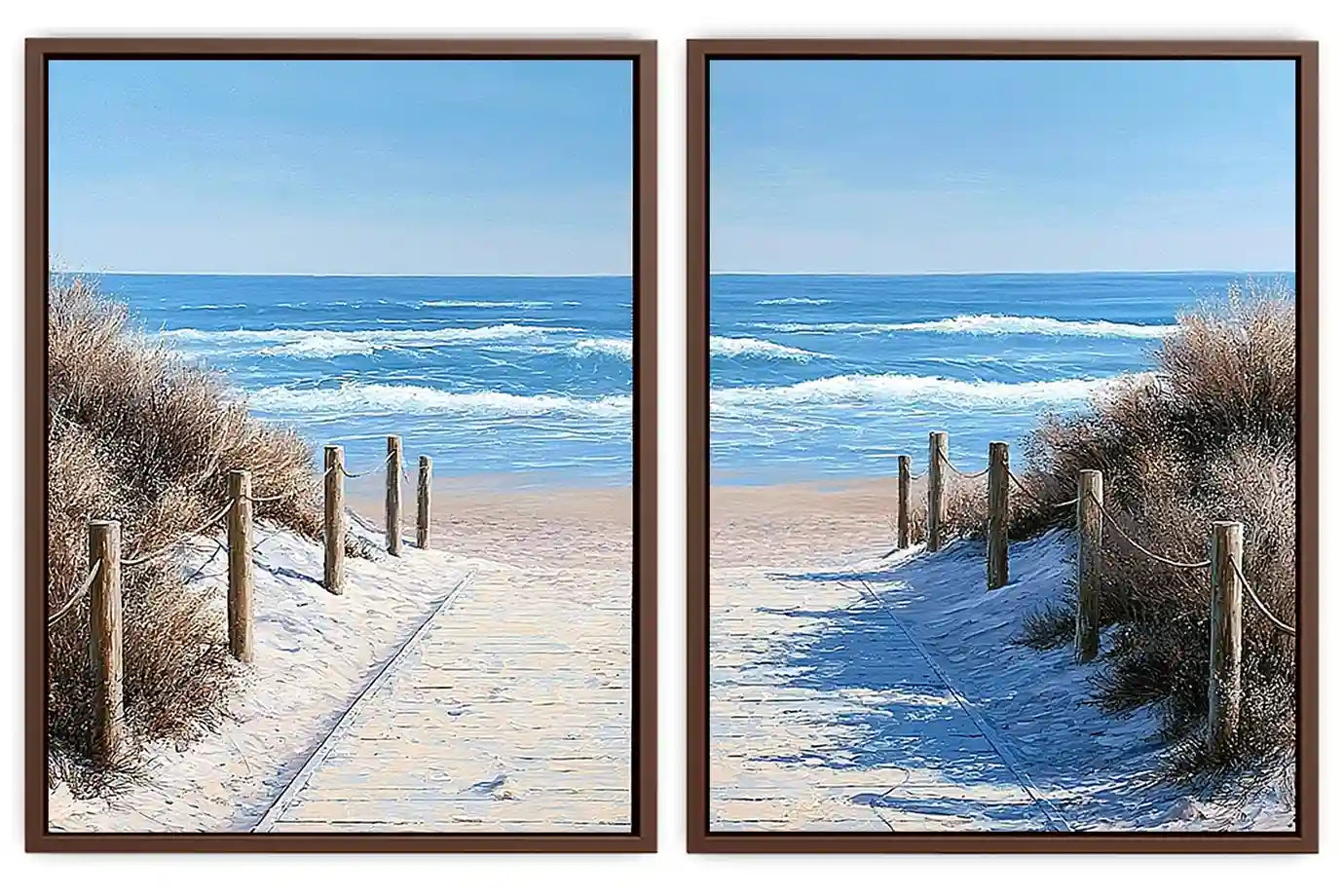 Beach pathway diptych canvas art for bright coastal living room styling.