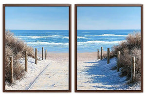Beach pathway diptych canvas art for bright coastal living room styling.