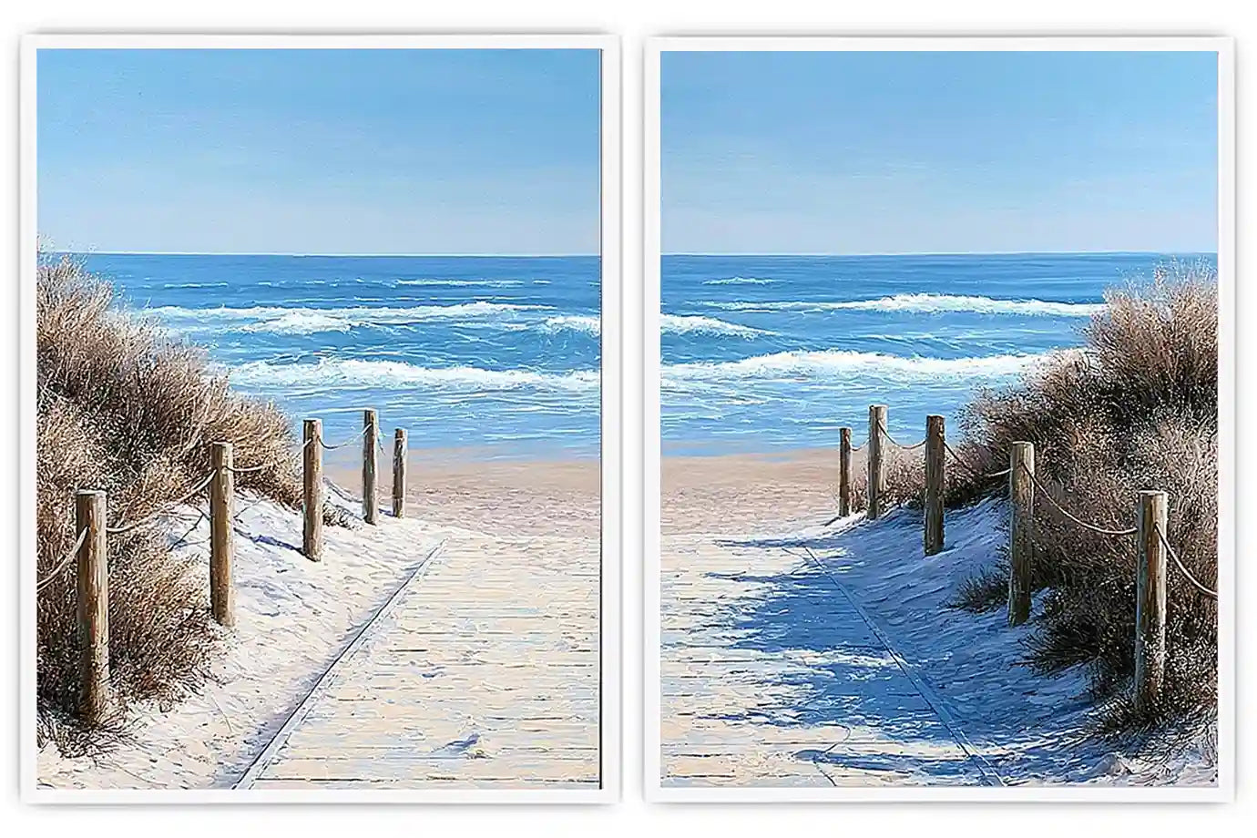 Beach pathway diptych canvas art for bright coastal living room styling.
