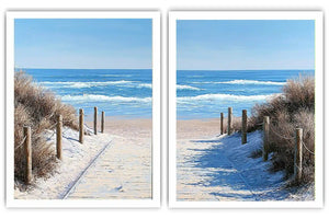 Beach pathway diptych canvas art for bright coastal living room styling.