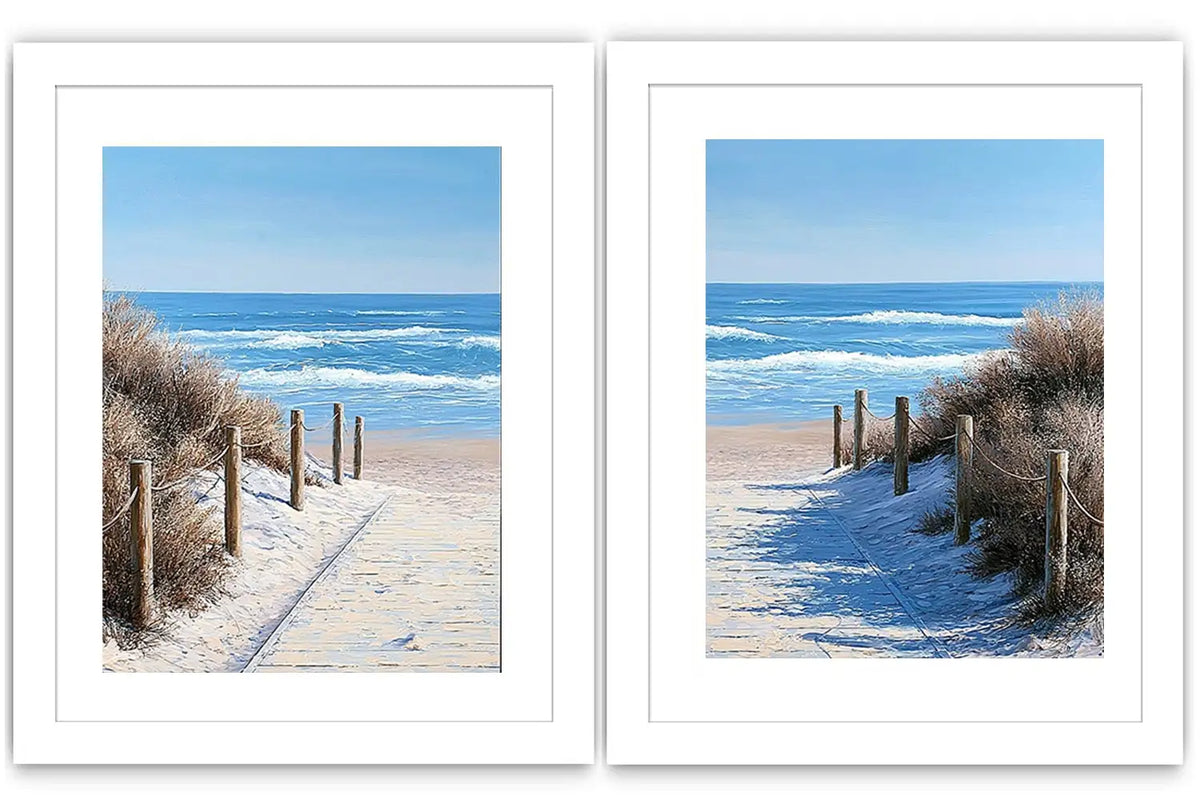 Beach pathway diptych canvas art for bright coastal living room styling.