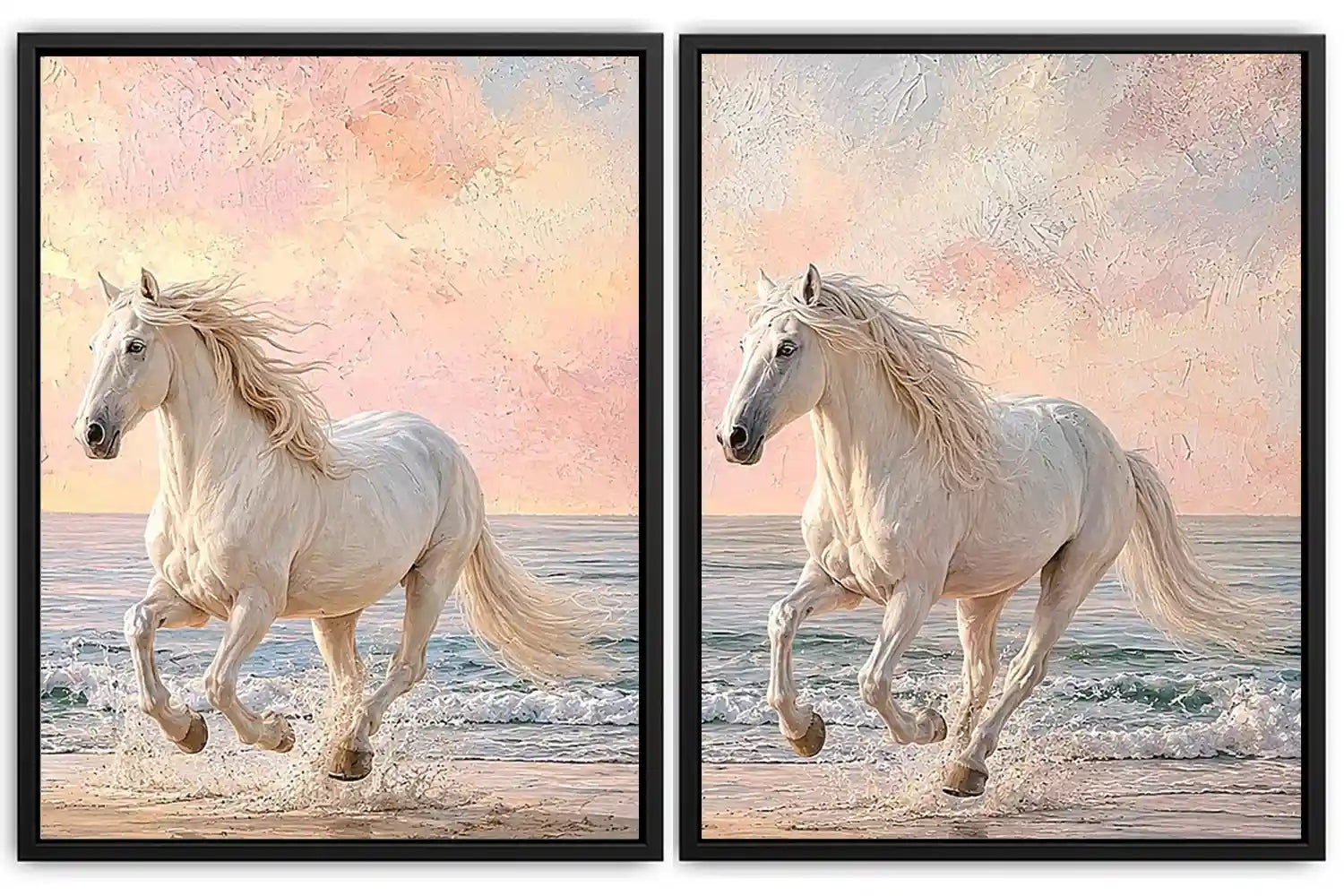 White horse beach canvas art with pastel coastal style for bedroom decor.