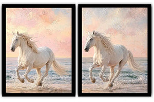 White horse beach canvas art with pastel coastal style for bedroom decor.
