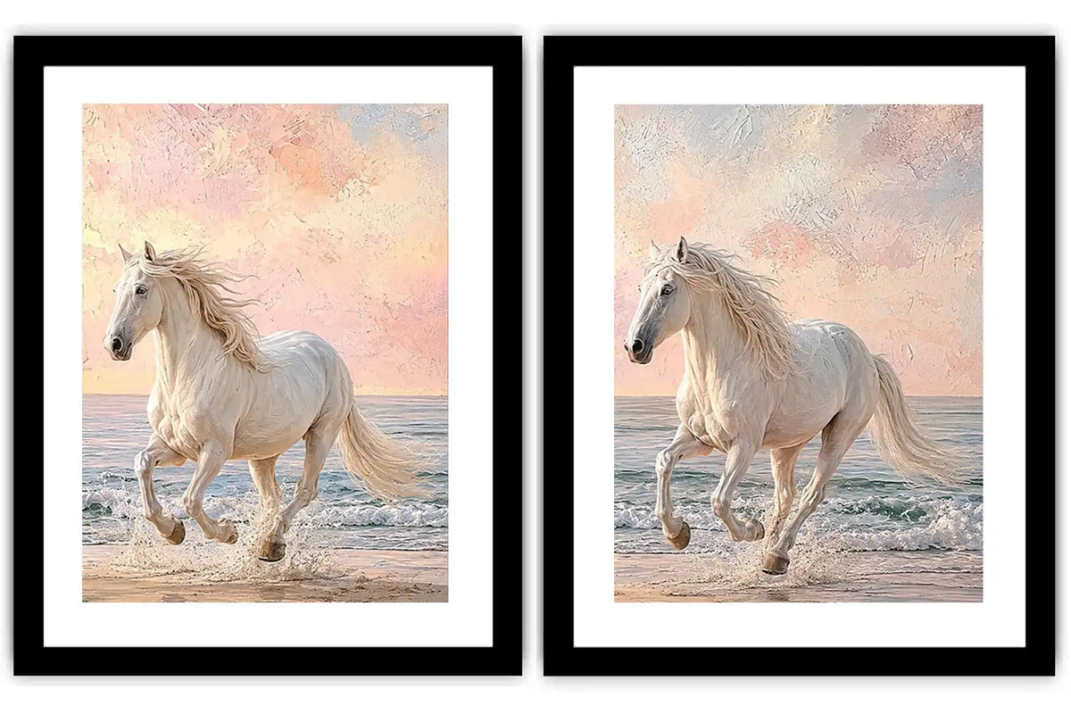 White horse beach canvas art with pastel coastal style for bedroom decor.