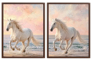 White horse beach canvas art with pastel coastal style for bedroom decor.