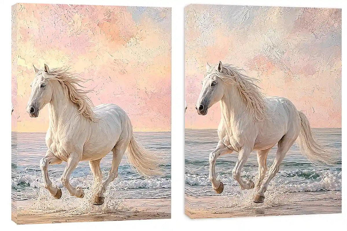 White horse beach canvas art with pastel coastal style for bedroom decor.