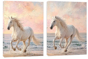 White horse beach canvas art with pastel coastal style for bedroom decor.
