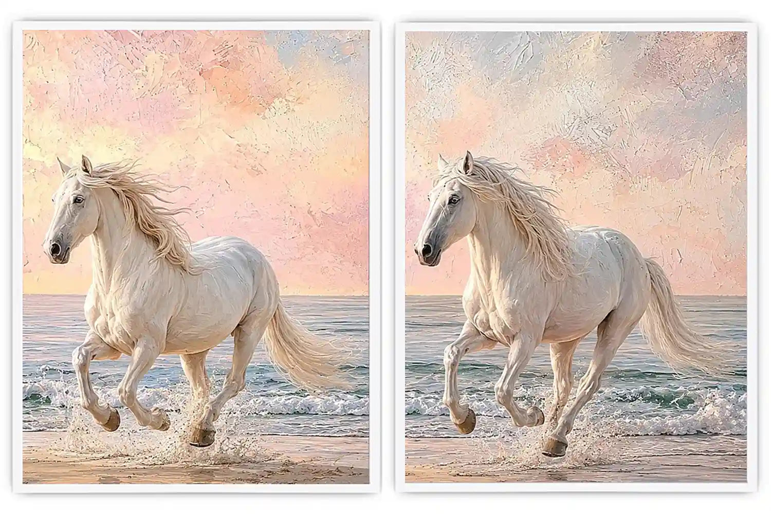 White horse beach canvas art with pastel coastal style for bedroom decor.