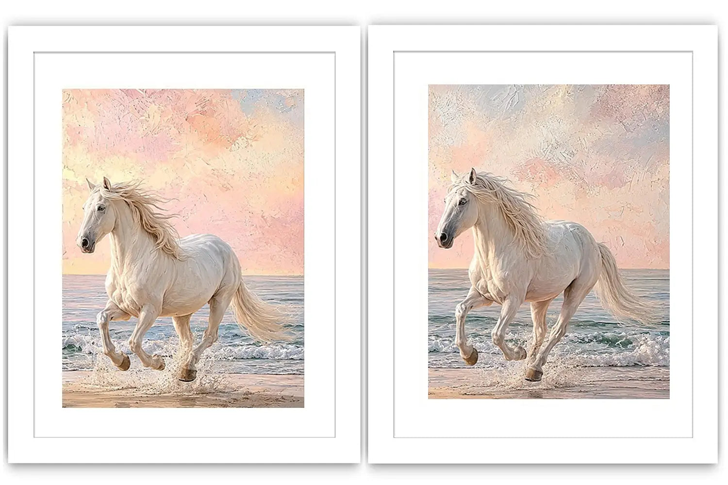 White horse beach canvas art with pastel coastal style for bedroom decor.