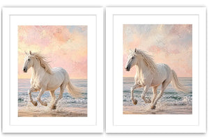 White horse beach canvas art with pastel coastal style for bedroom decor.