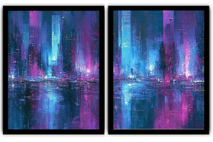 Neon abstract cityscape canvas art for bold modern office decor.