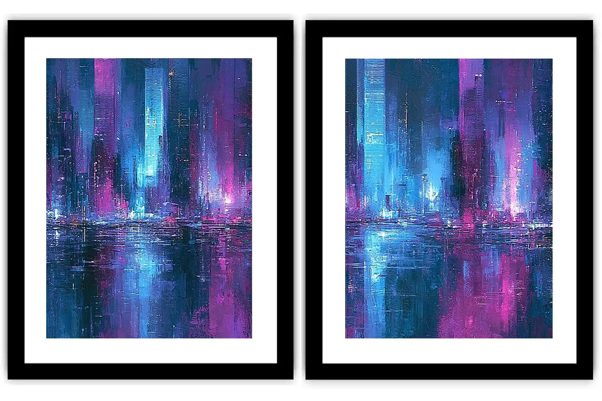 Neon abstract cityscape canvas art for bold modern office decor.