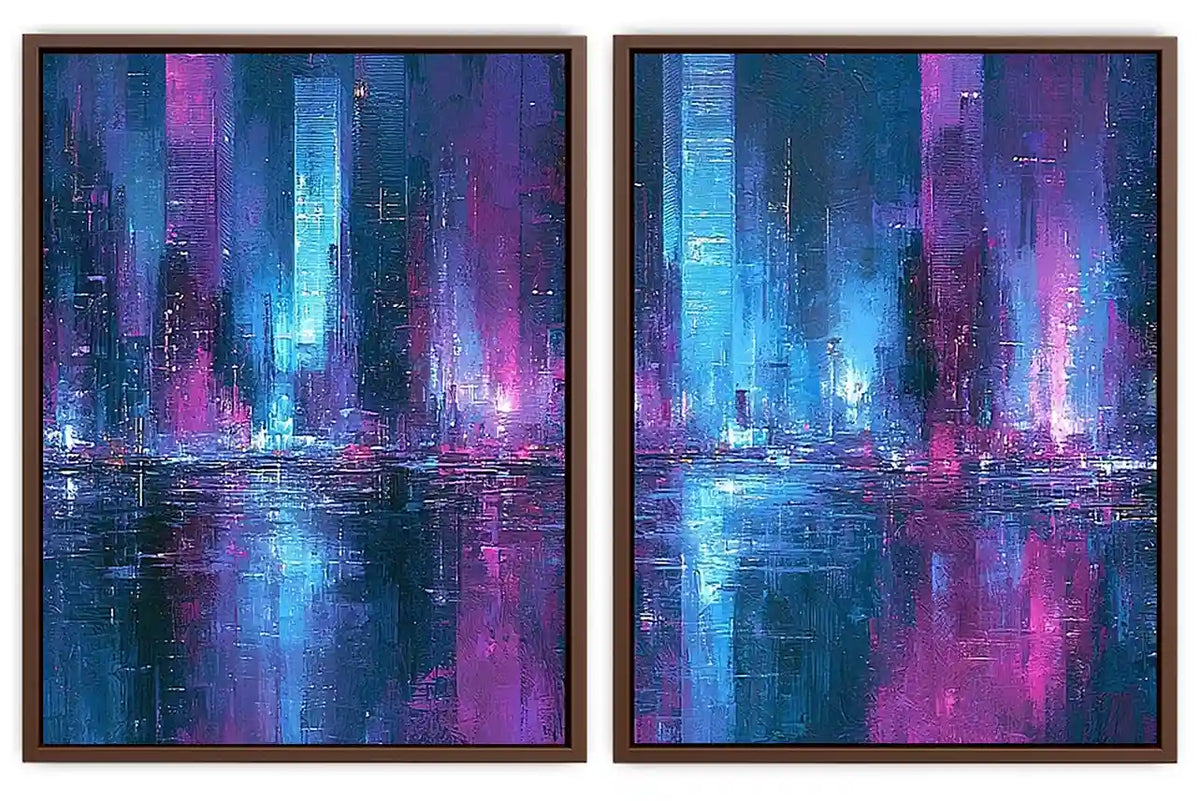 Neon abstract cityscape canvas art for bold modern office decor.