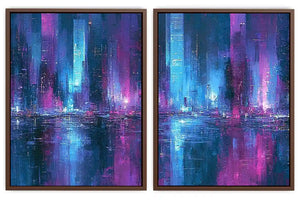 Neon abstract cityscape canvas art for bold modern office decor.
