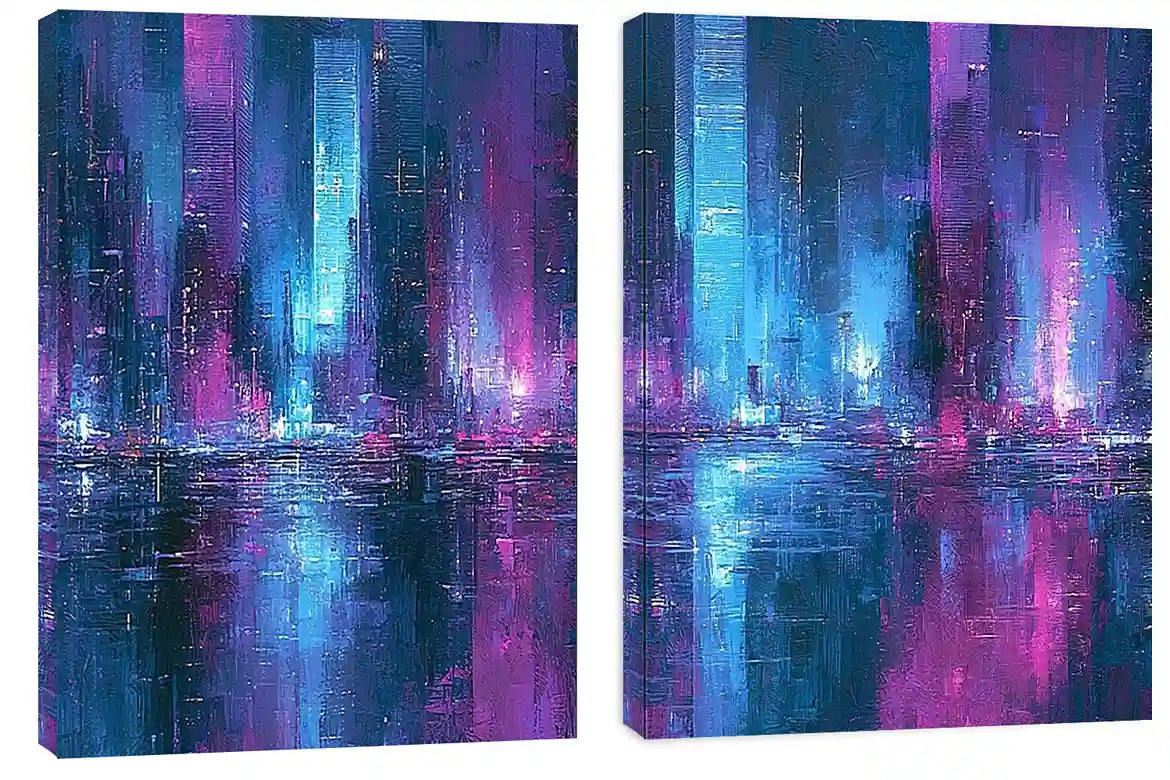 Neon abstract cityscape canvas art for bold modern office decor.