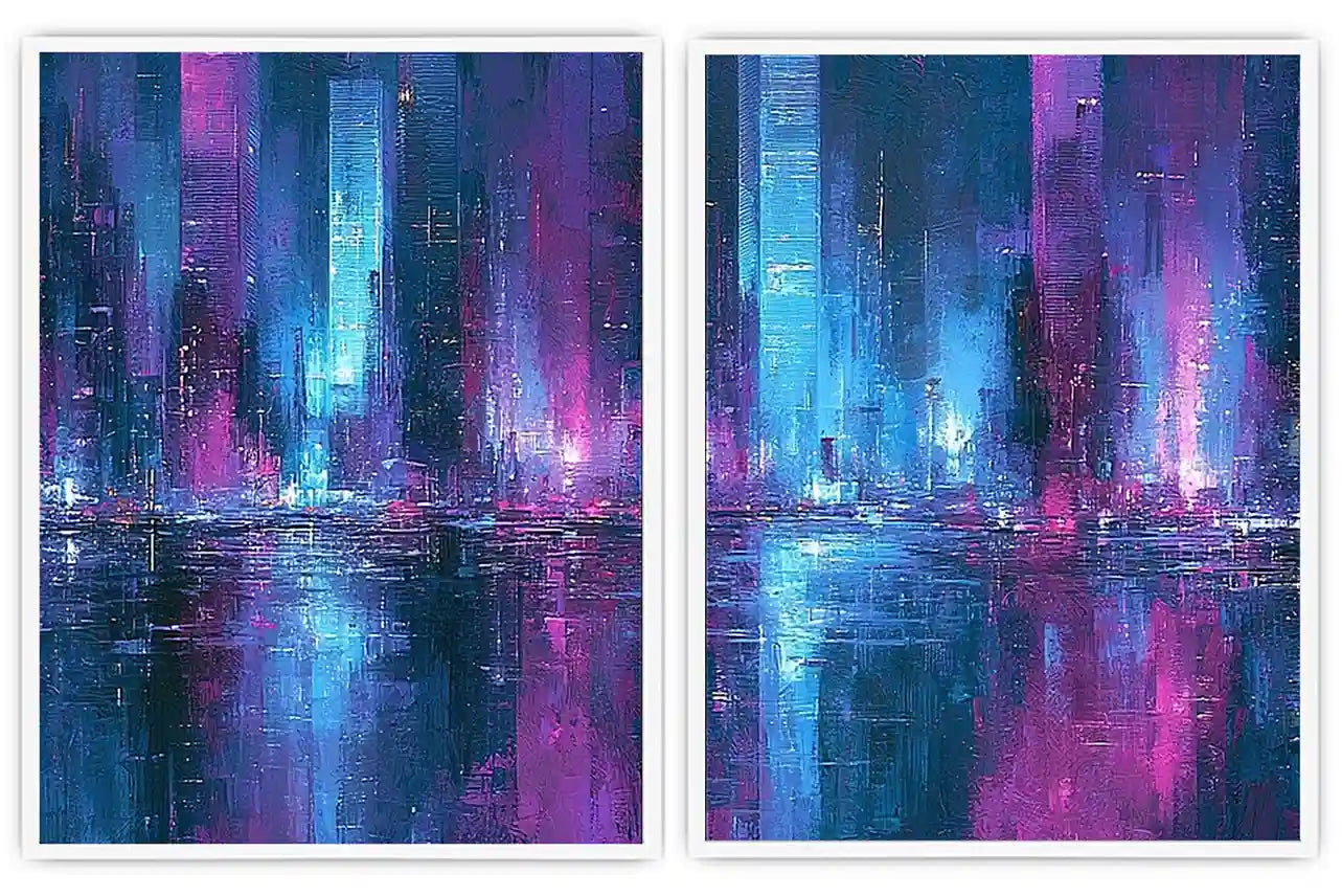 Neon abstract cityscape canvas art for bold modern office decor.