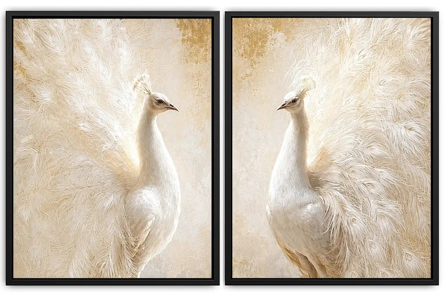 White peacock feather canvas art for elegant luxury bedroom decor.