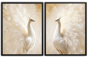 White peacock feather canvas art for elegant luxury bedroom decor.