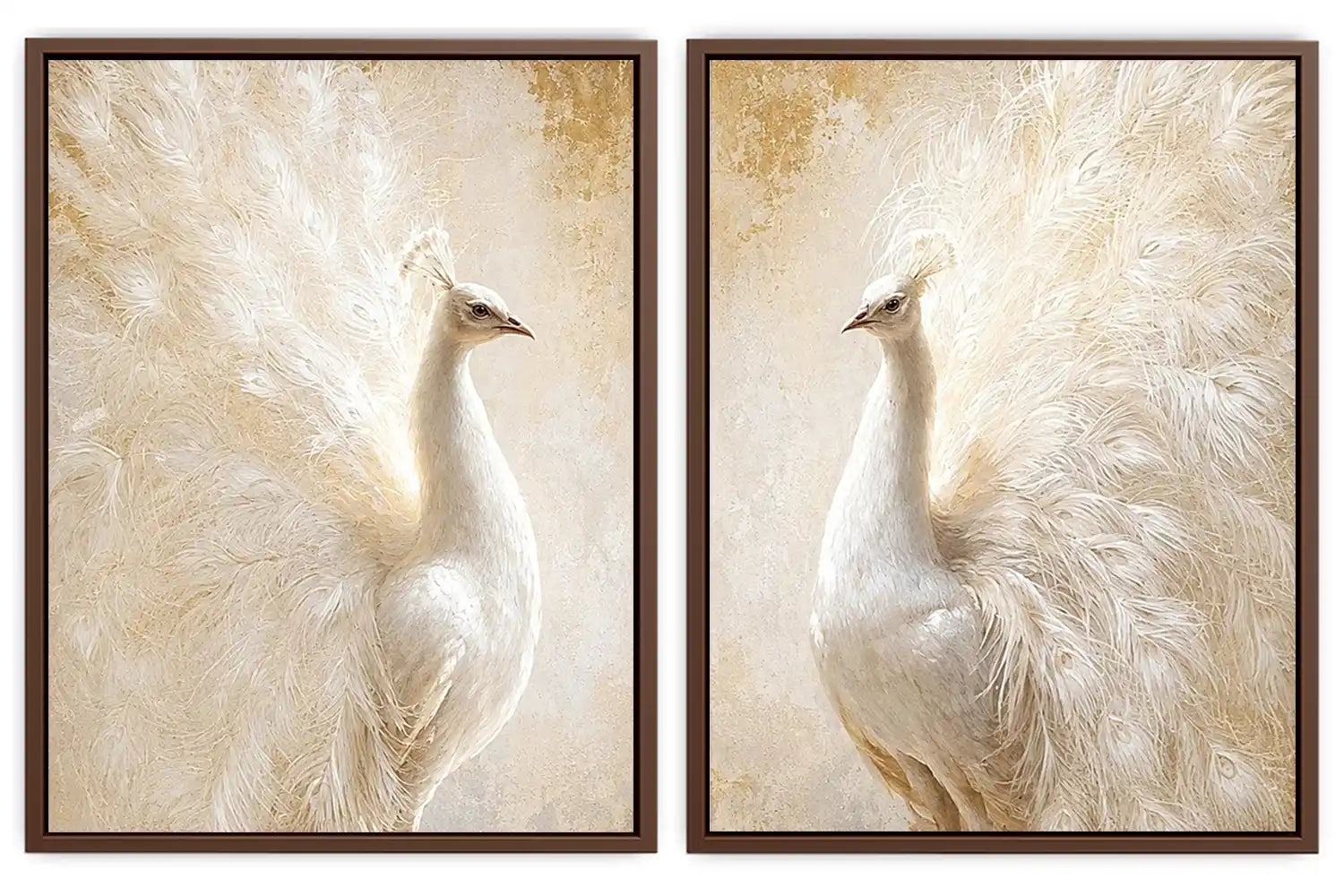 White peacock feather canvas art for elegant luxury bedroom decor.