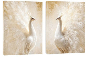 White peacock feather canvas art for elegant luxury bedroom decor.