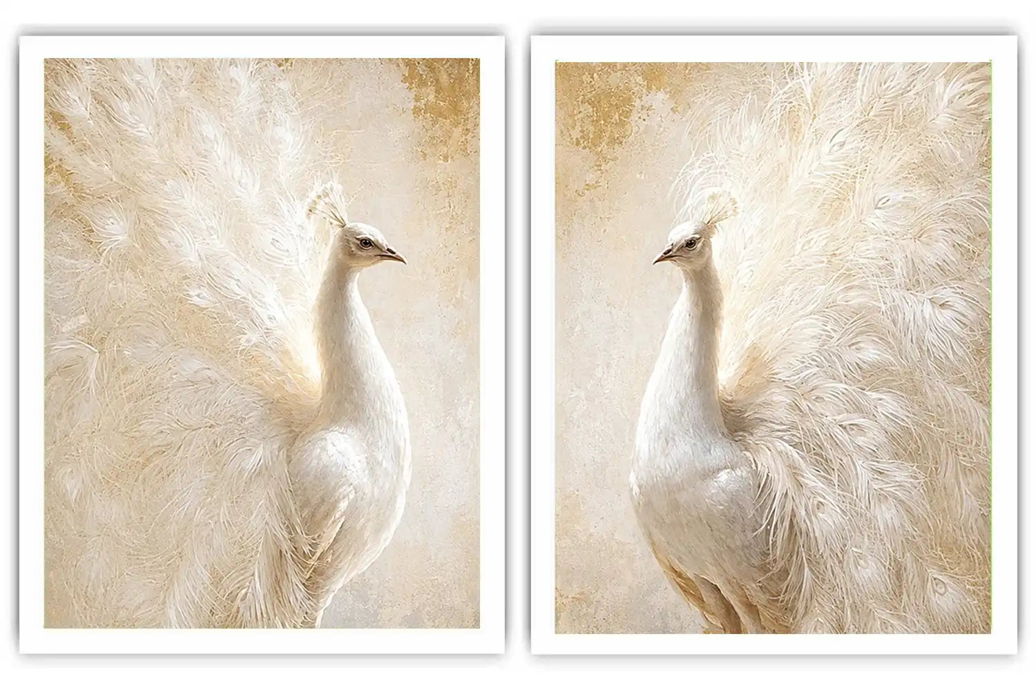 White peacock feather canvas art for elegant luxury bedroom decor.