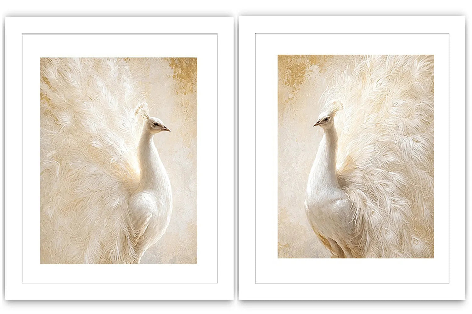 White peacock feather canvas art for elegant luxury bedroom decor.