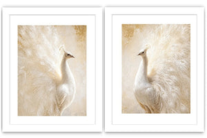 White peacock feather canvas art for elegant luxury bedroom decor.