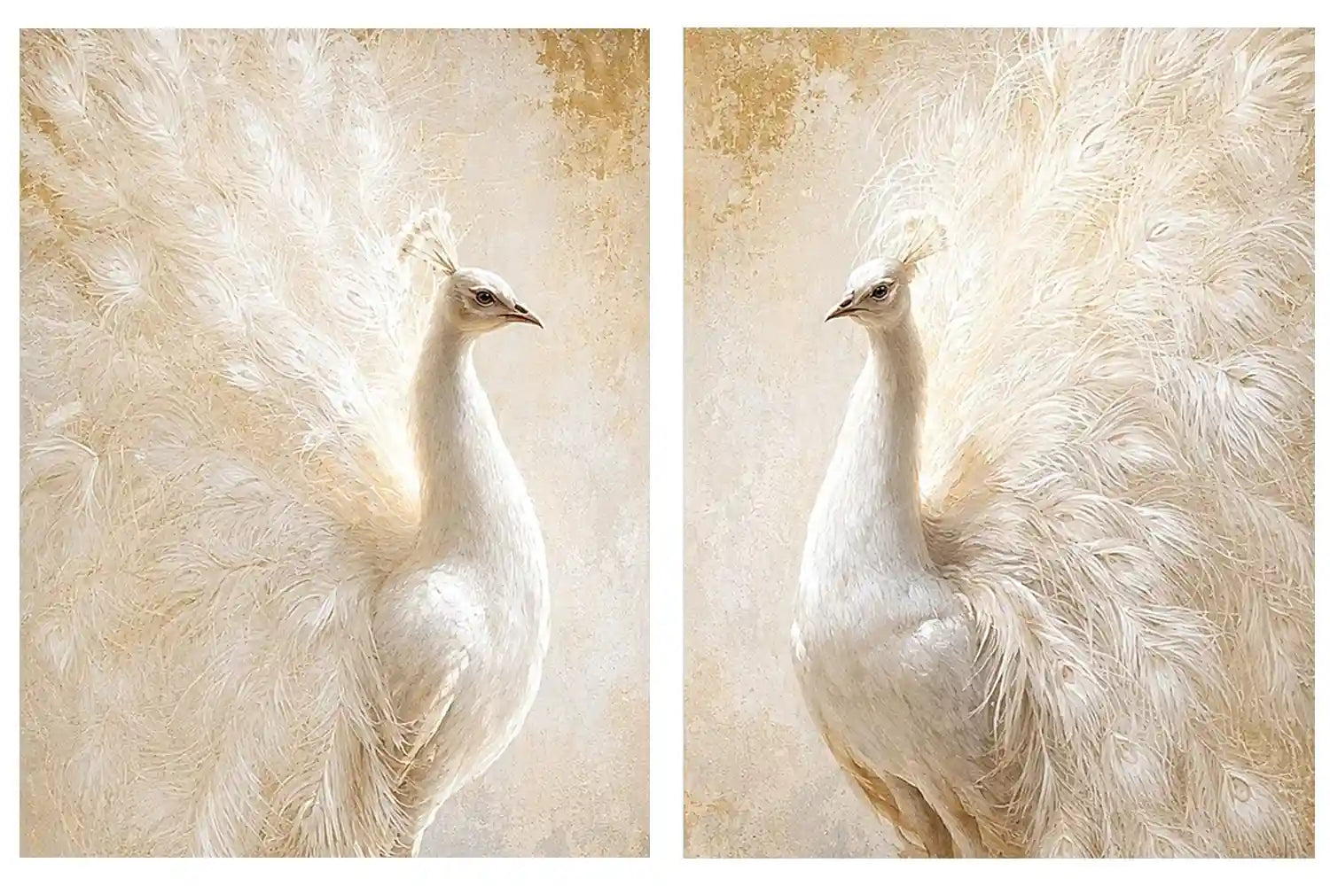 White peacock feather canvas art for elegant luxury bedroom decor.