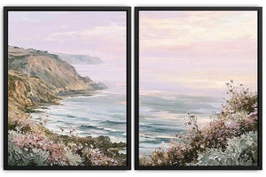 Pastel coastal cliff and wildflower framed print for elegant bedroom decor.