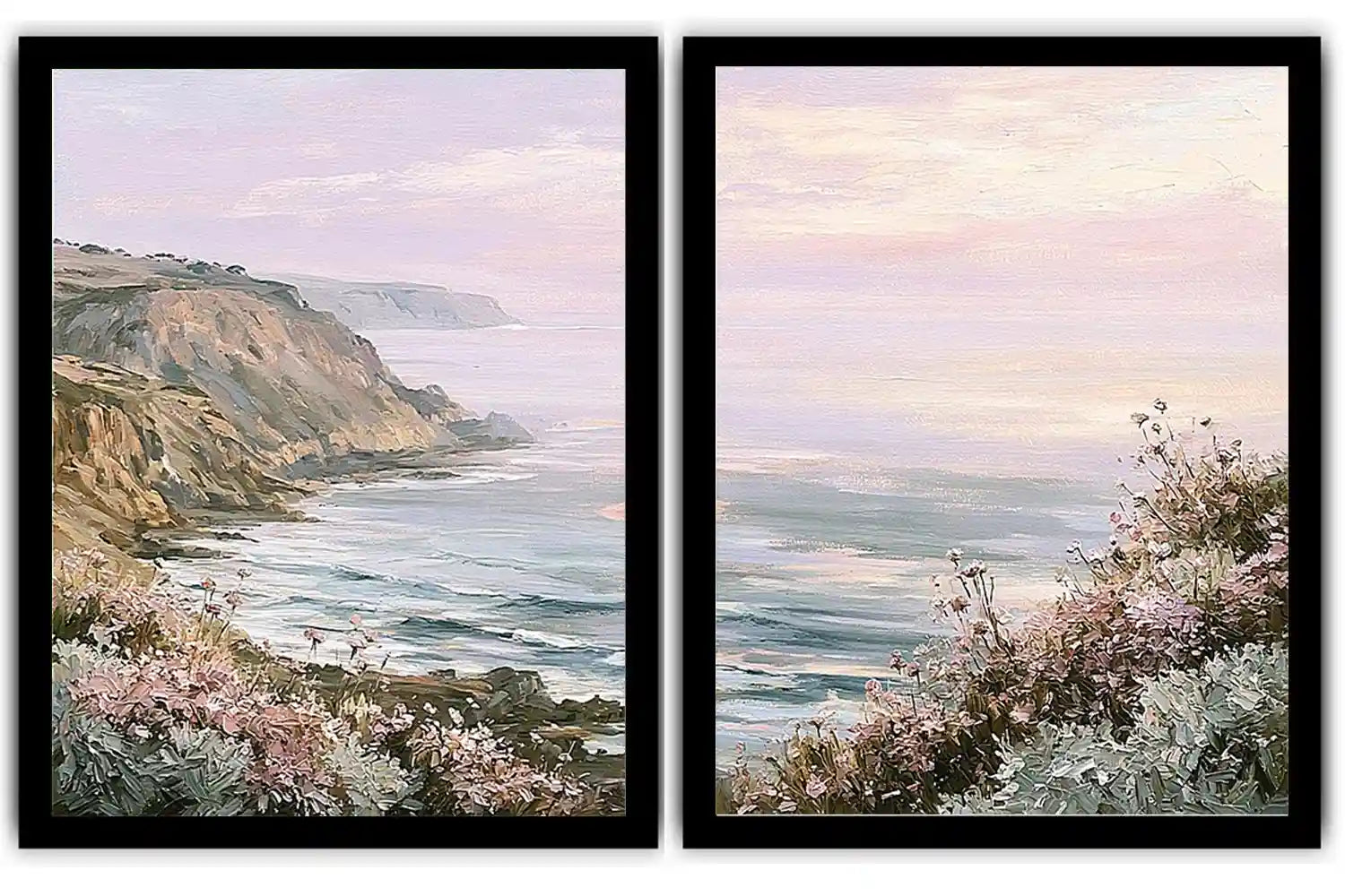 Pastel coastal cliff and wildflower framed print for elegant bedroom decor.