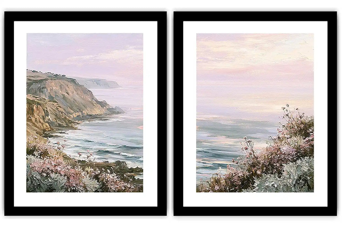 Pastel coastal cliff and wildflower framed print for elegant bedroom decor.