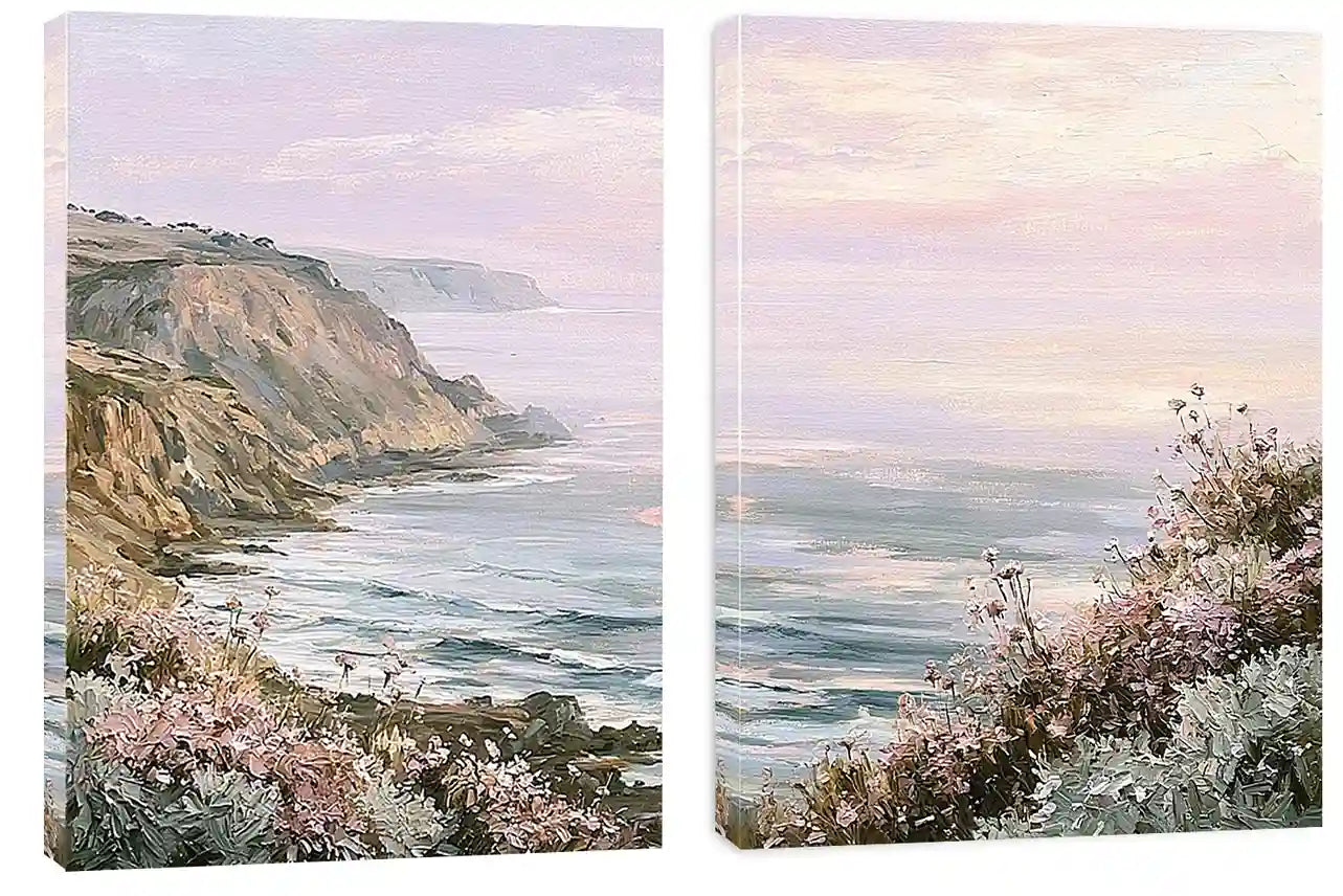 Pastel coastal cliff and wildflower framed print for elegant bedroom decor.