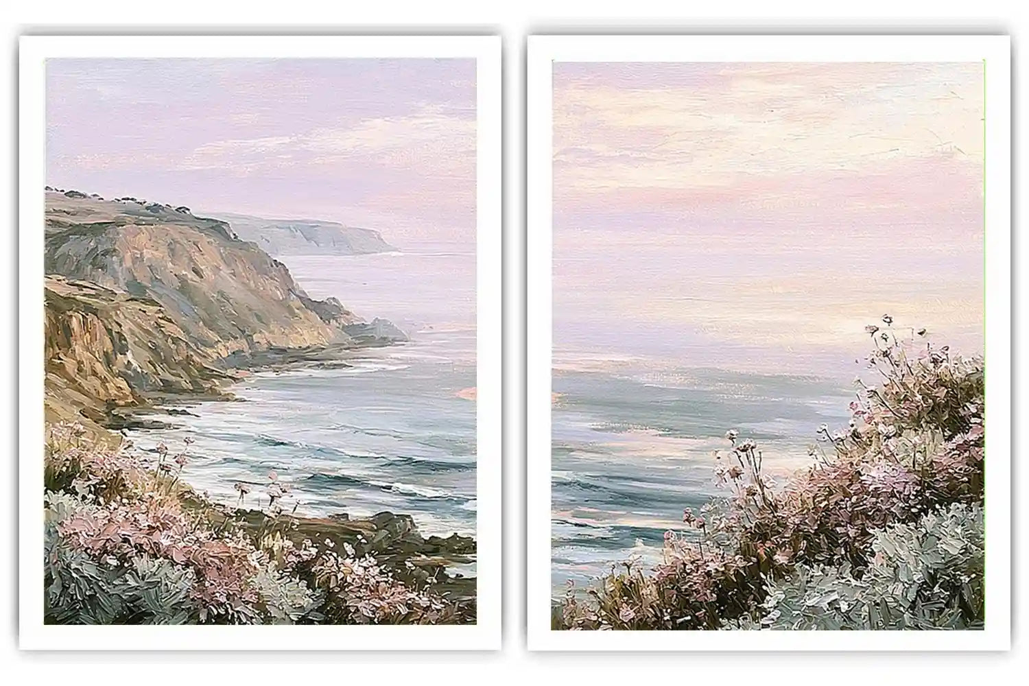 Pastel coastal cliff and wildflower framed print for elegant bedroom decor.