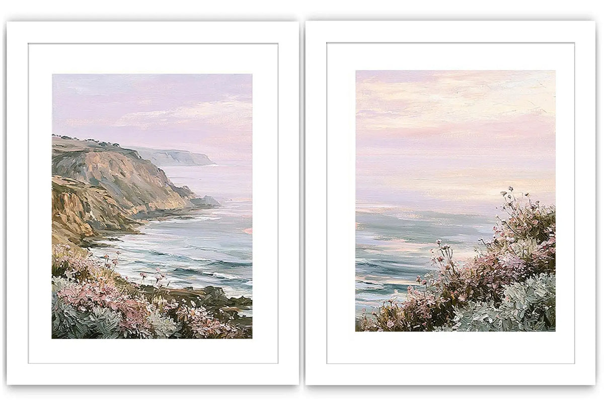 Pastel coastal cliff and wildflower framed print for elegant bedroom decor.