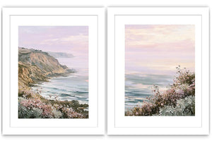 Pastel coastal cliff and wildflower framed print for elegant bedroom decor.
