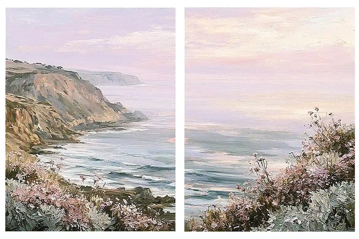 Pastel coastal cliff and wildflower framed print for elegant bedroom decor.