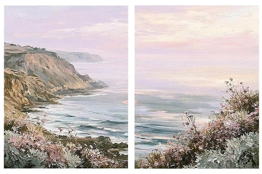 Pastel coastal cliff and wildflower framed print for elegant bedroom decor.