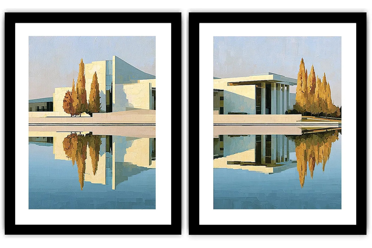 Modern architecture reflection canvas art for sophisticated office decor.