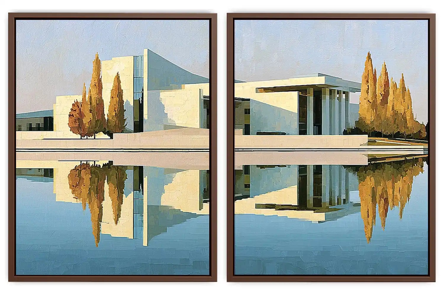Modern architecture reflection canvas art for sophisticated office decor.