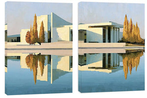 Modern architecture reflection canvas art for sophisticated office decor.