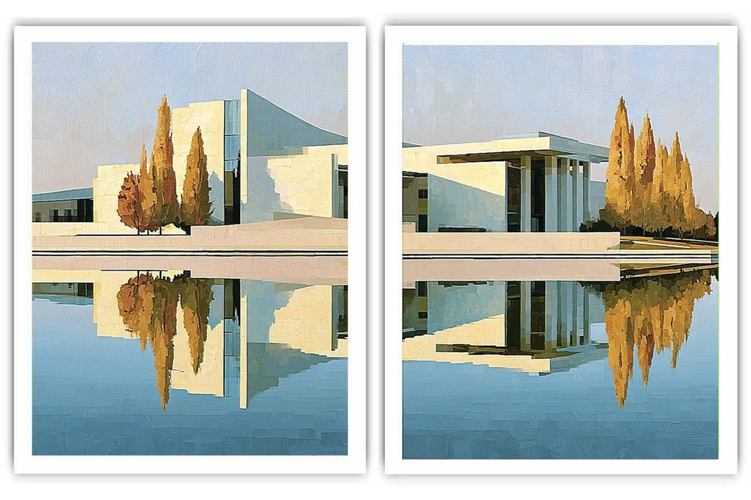 Modern architecture reflection canvas art for sophisticated office decor.