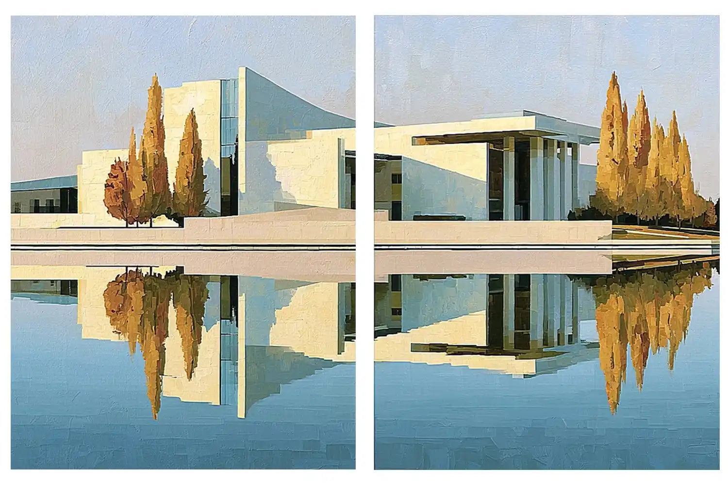 Modern architecture reflection canvas art for sophisticated office decor.