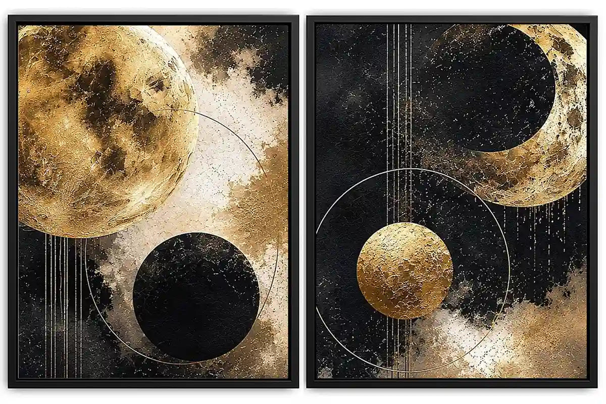 Gold and black celestial moon diptych canvas art for luxury modern living room decor