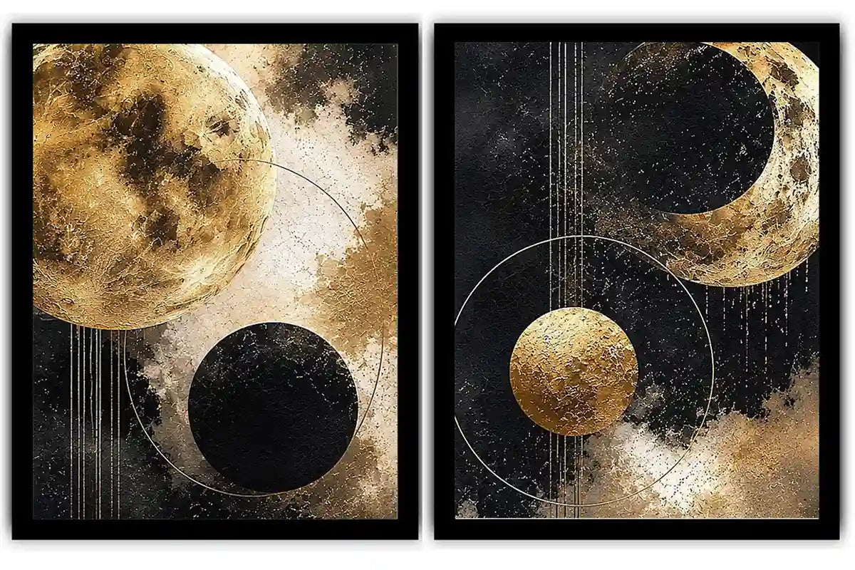 Gold and black celestial moon diptych canvas art for luxury modern living room decor