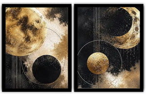 Gold and black celestial moon diptych canvas art for luxury modern living room decor