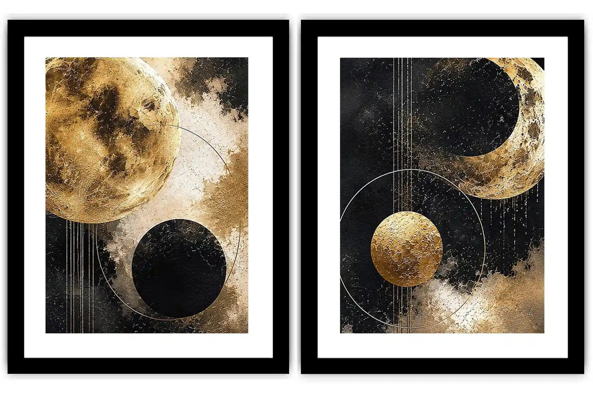 Gold and black celestial moon diptych canvas art for luxury modern living room decor