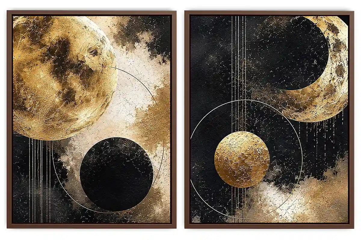 Gold and black celestial moon diptych canvas art for luxury modern living room decor