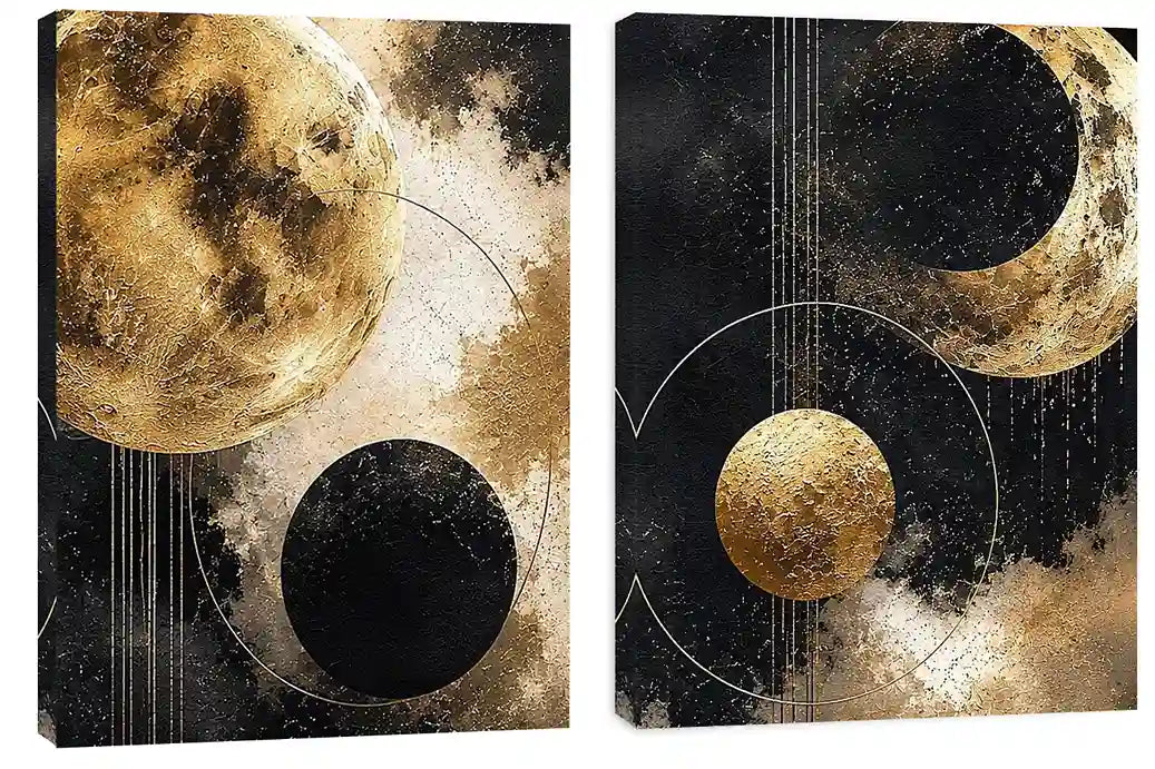 Gold and black celestial moon diptych canvas art for luxury modern living room decor