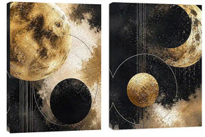 Gold and black celestial moon diptych canvas art for luxury modern living room decor