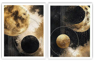 Gold and black celestial moon diptych canvas art for luxury modern living room decor